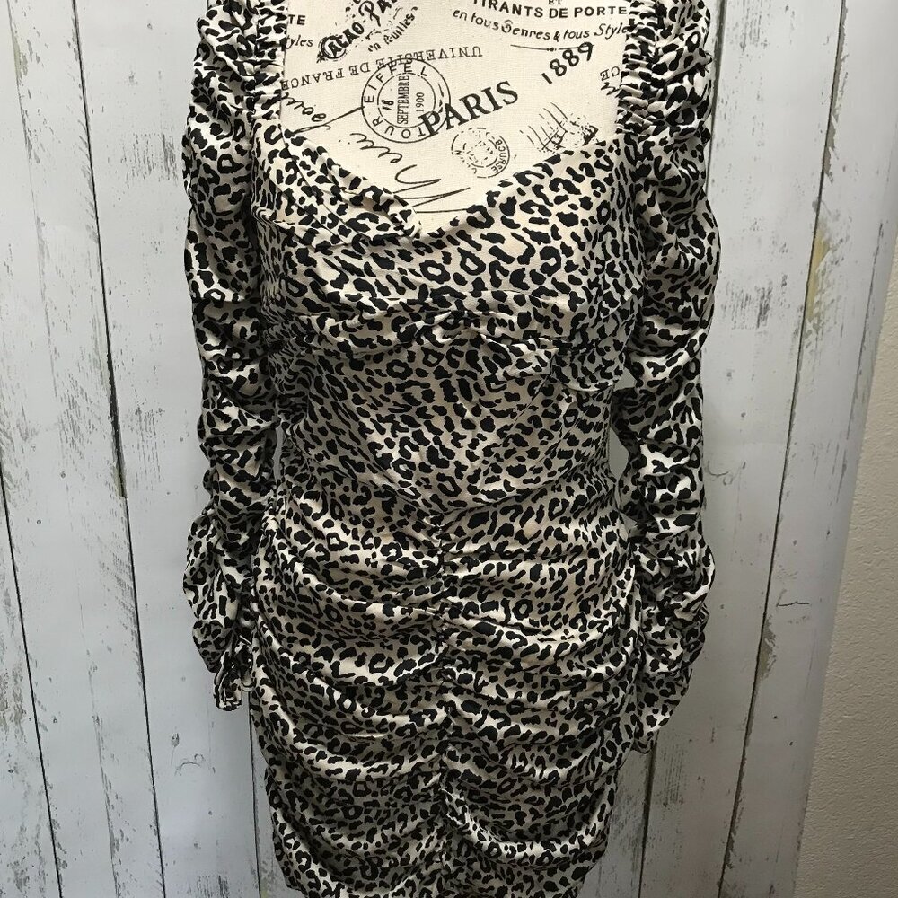 NWT e. ssue Leopard print mini dress size M scrunch design satin feel material